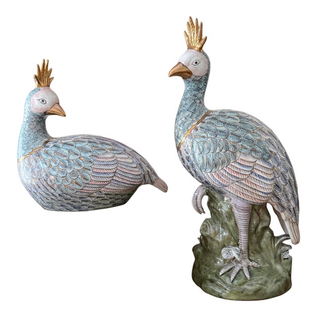 Pair of Oversized Vintage Asian Export Porcelain Peacock Figures Hand Painted Macau Large Ceramic Birds For Sale