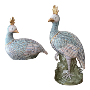 Pair of Oversized Vintage Asian Export Porcelain Peacock Figures Hand Painted Macau Large Ceramic Birds