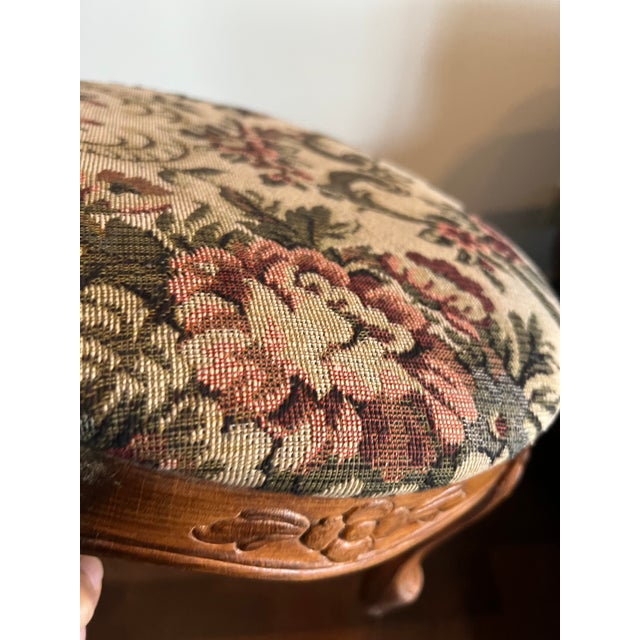Beige Vintage Carved Wood Footstool With Floral Tapestry Upholstery For Sale - Image 8 of 12
