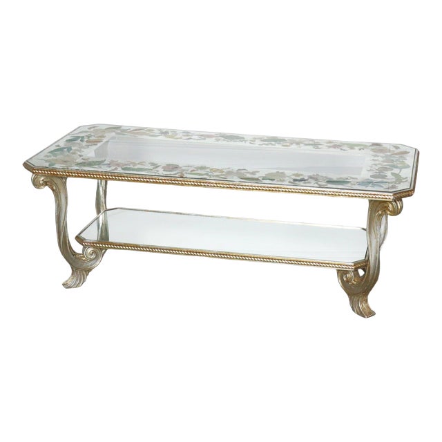 Early 20th Century Maison Jansen Attr. French Floral Eglomise Carved and Mirrored Coffee Table For Sale