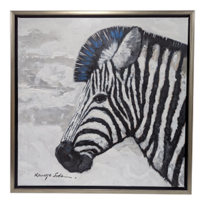Black and White Zebra Acrylic Painting on Canvas With Silver Floater Frame.