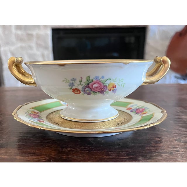 French Antique Tressemanes & Vogt Limoges "La Cloche" Cream Soup Bowls & Saucers - Set of 12 For Sale - Image 3 of 18