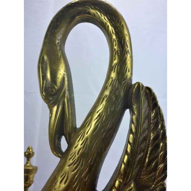 Figurative Vintage Brass Fireplace Swan Andiron Complete Set For Sale - Image 3 of 10