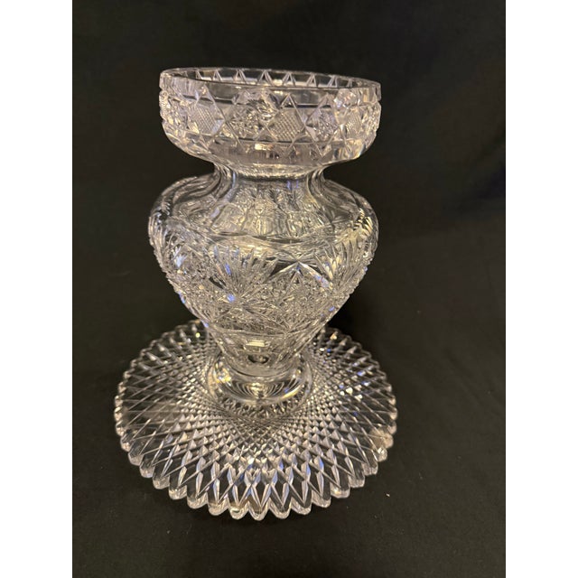 Rare Large Antique American Brilliant Period Cut Glass Pedestal Compote – 17” Tall, Deep Hobstar & Russian Pattern For Sale - Image 9 of 9
