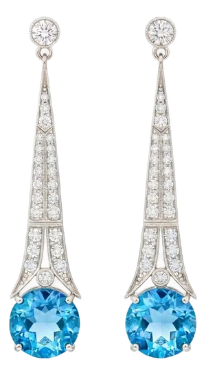 Art Deco Style Topaz and Colorless Topaz Drop Earrings Silver, Gold, A Pair
