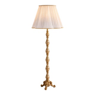 French-Style Gilded Floor Lamp – Ornate Gold Leaf Stand With Pleated Ivory Fabric Shade For Sale