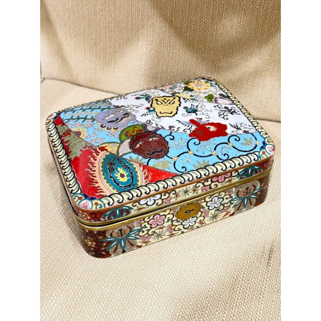 Metal Rare Large Japanese Cloisonne Enamel Theatrical Mythical Mask Box Meiji For Sale - Image 7 of 13