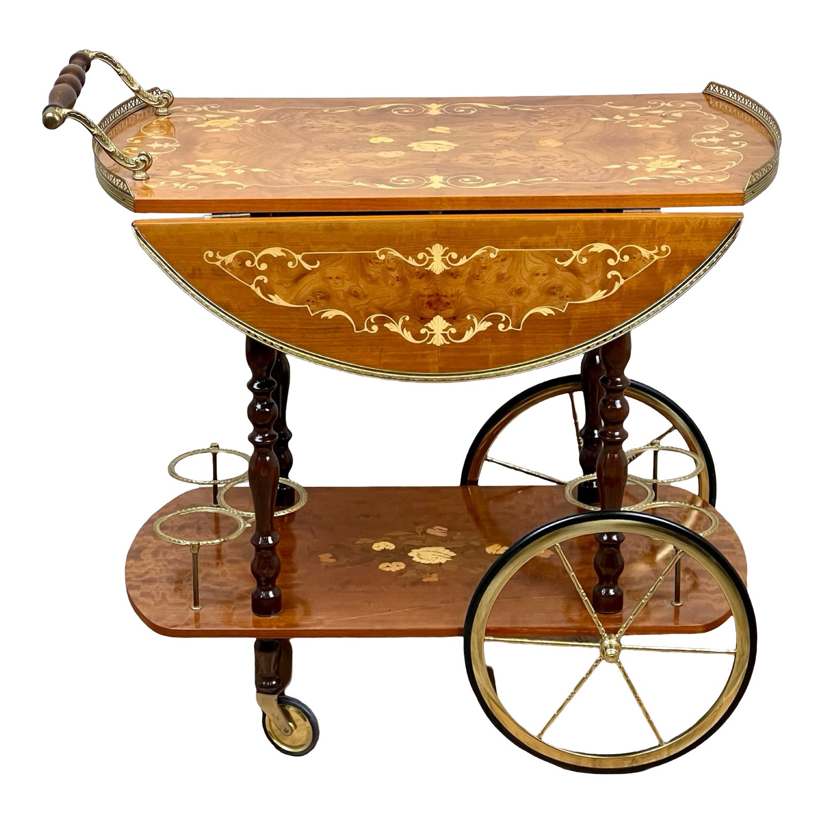1980s Vintage Fine Italian Burlwood Marquetry Tea Cart by Sorrento