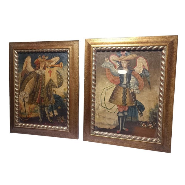 Modern Harquebusier Angels, 1960s, Oil on Canvas Paintings, Framed, Set of 2 For Sale - Image 3 of 7