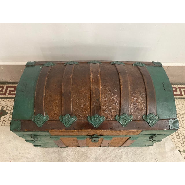 Large Antique Victorian Oak Banded Dome Top Steamer Trunk Chest, Maier For Sale In Raleigh - Image 6 of 16