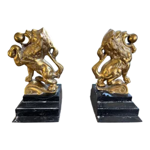 Vintage Mid Century Modern Art Deco Brass Lion Architectural Marble Bookends- Set of 2