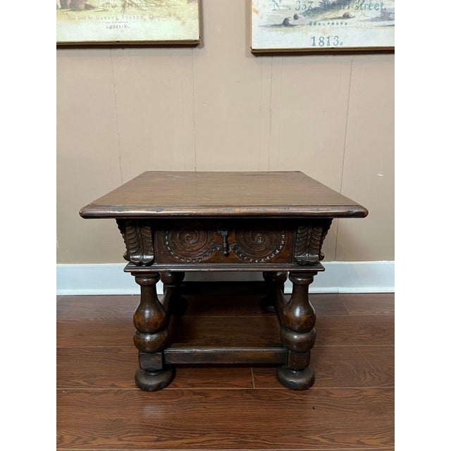 Antique English Side End Table Small Square Carved Oak Jacobean Revival C1910 For Sale - Image 4 of 18
