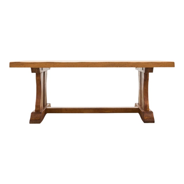 French Provincial Oak Country Farmhouse Trestle Dining Table For Sale