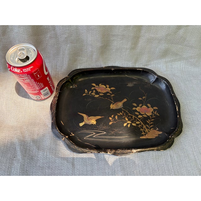 Vintage Black Lacquer Chinoiserie Bird Tray For Sale - Image 9 of 15
