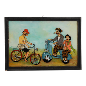 Framed Punakawan Reverse Glass Painting Gareng, Petruk, and His Fiancée