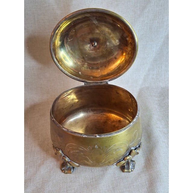 Metal Antique 19th Century Brass Etrog Box Engraved Sukkot Citron Footed Judaica For Sale - Image 7 of 18