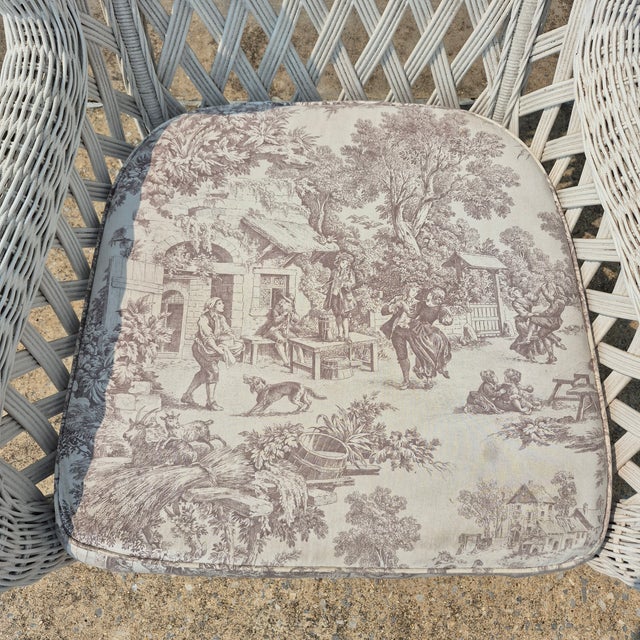 Late 20th Century Vintage White Wicker Large Wingback Lounge Chair W/ Toile Cushions For Sale - Image 13 of 15