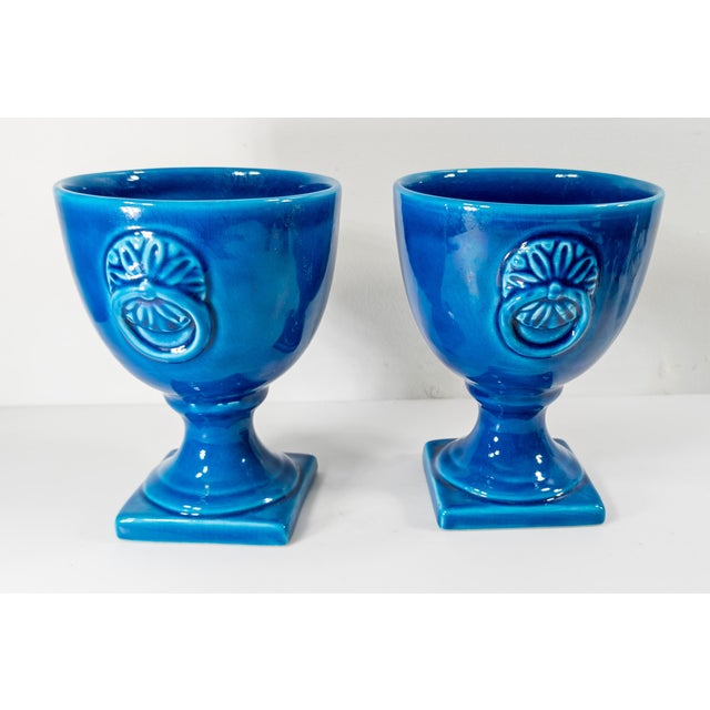 Mid-Century Modern Mid-Century Italian Pair of Bright Turquoise Blue Garniture Urns For Sale - Image 3 of 9