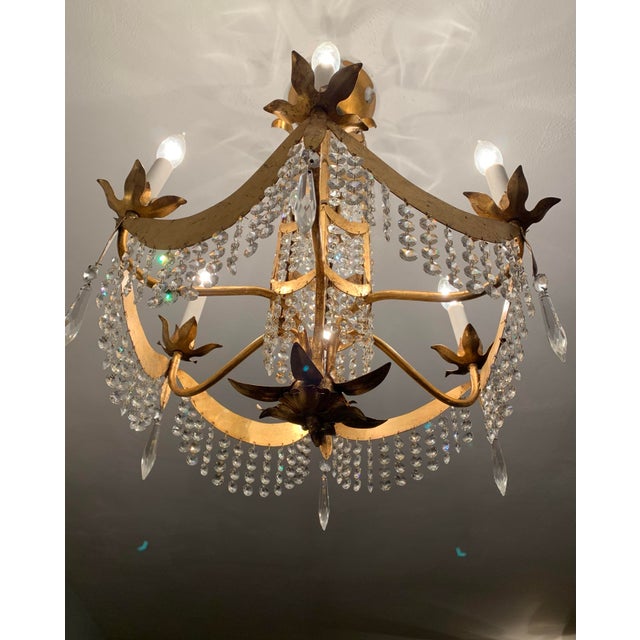 1940s Crystal Fringe Chandelier; Six Light, Hammered Brushed Brass, Glass Crystal Hollywood Regency Lighting For Sale - Image 9 of 12