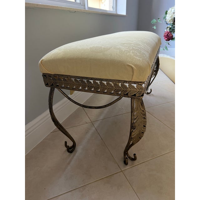 Light Yellow Vintage Metal Base Bench Yellow Damask Fabric Seat For Sale - Image 8 of 9