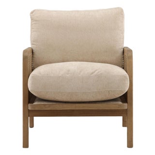 Coastal Contemporary Sand Chenille & Cane Arm Chair For Sale