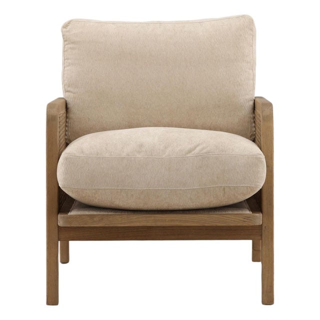 Coastal Contemporary Sand Chenille & Cane Arm Chair For Sale