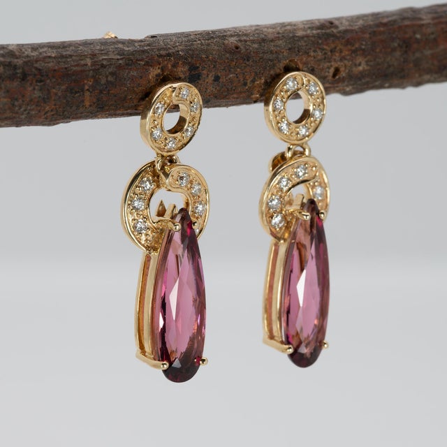 2020s 3.7Ct Rubellite Tourmaline Earrings With Natural Diamond Accents: Solid 14k Gold, A Pair For Sale - Image 5 of 7