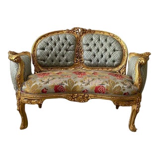 French Rococo Style Damask Fabric Settee For Sale