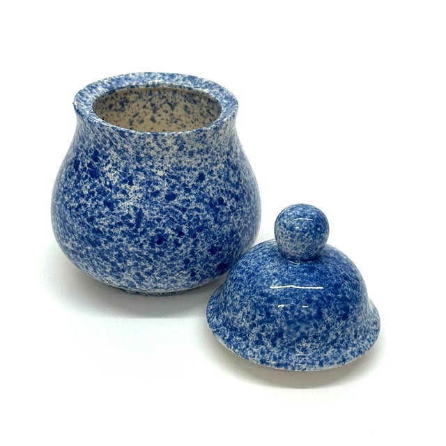 Vintage Mid-Century Modern Blue & White Splatterware Creamer and Sugar Bowl Set For Sale - Image 4 of 10