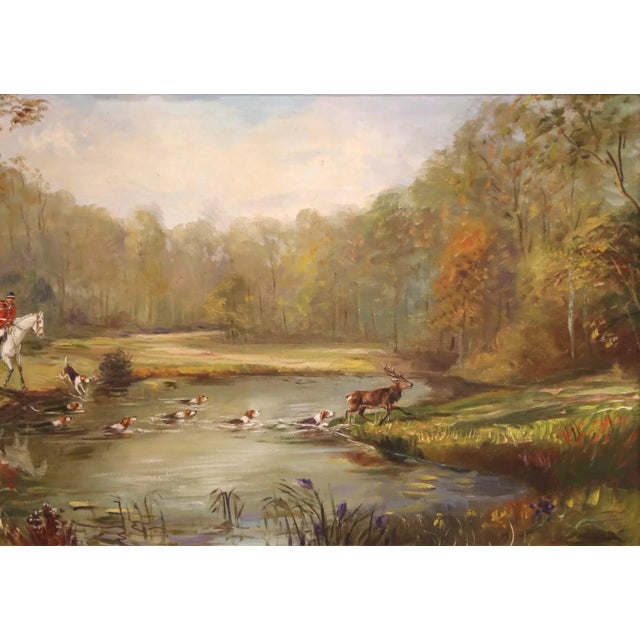 Textile Early 20th Century Mid-Century French Stag Hunt Oil Painting in Carved Frame Signed M. Pol For Sale - Image 7 of 11