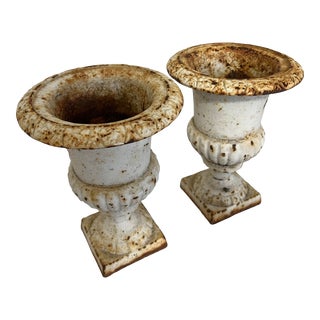 Antique Vintage French White Cast Iron Urns Planters- a Pair For Sale