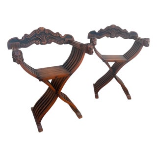 Pair of Vintage Renaissance Revival Savonarola Chairs With Carved Lion Heads For Sale