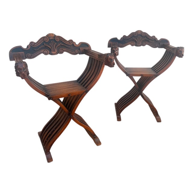 Pair of Vintage Renaissance Revival Savonarola Chairs With Carved Lion Heads For Sale