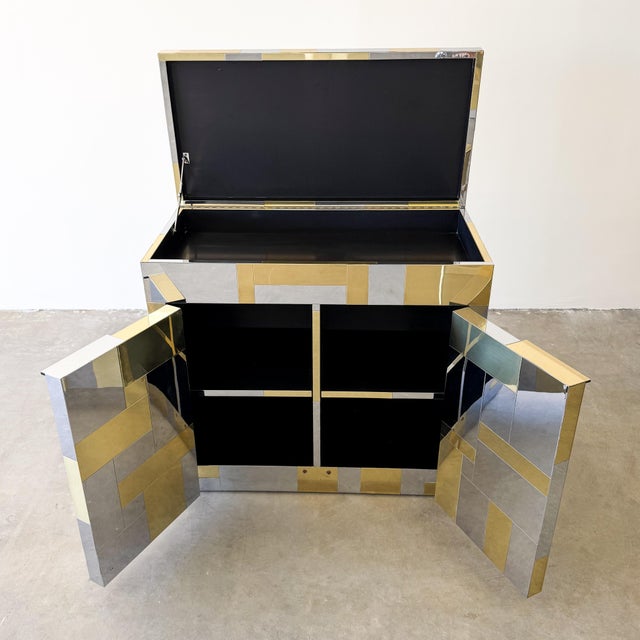 American 1970s Paul Evans Cityscape Chrome and Brass Bar Cabinet For Sale - Image 3 of 12
