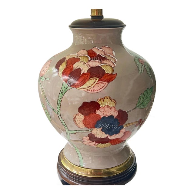 Vintage Frederick Cooper table lamp // colorful floral on a beautiful taupe background // accent lamp // designer lamp For Sale