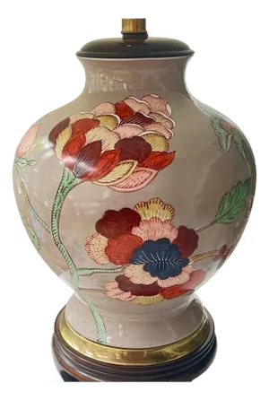 Vintage Frederick Cooper table lamp // colorful floral on a beautiful taupe background // accent lamp // designer lamp