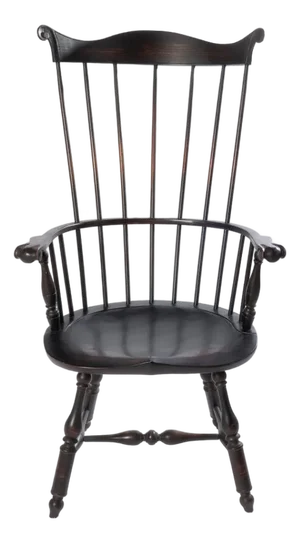 D. R. Dimes Black Crackle Finish Fan Back Windsor Arm Chair