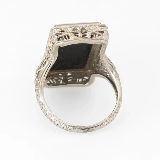Early 20th Century Antique Deco Music Sheet Ring Vintage 14 Karat White Gold Onyx size 4.5 For Sale - Image 5 of 8