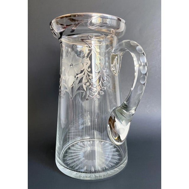 Early 20th Century Art Deco Sterling Silver Inlay Etched Glass Pitcher For Sale - Image 5 of 12