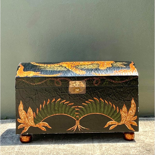 Vintage Crackle Finish Lounging Tiger Trunk For Sale - Image 4 of 12