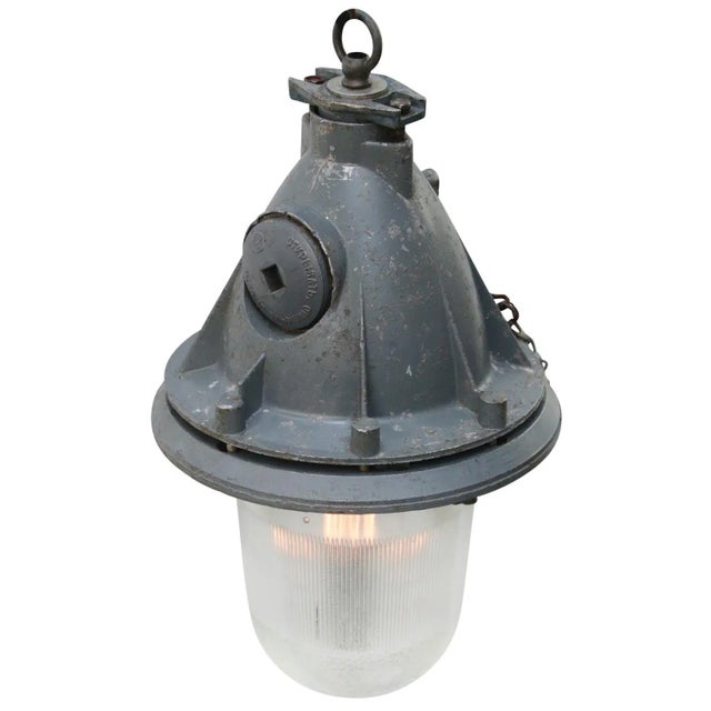 Industrial Vintage Industrial Clear Striped Glass & Gray Pendant Light For Sale - Image 3 of 6
