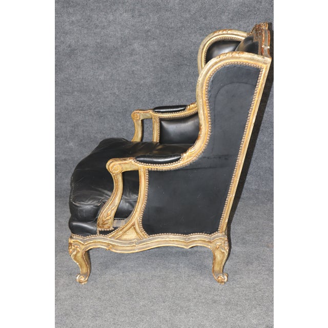 Late 19th Century Maison Jansen Genuine Leather Gilt and Paint Decorated Grand Scale Bergere Chair For Sale - Image 5 of 15