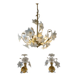 Florentine Chandelier and Wall Lamps in Murano Glass and Chrome by Paolo Venini, Italy, 1970s, Set of 3 For Sale