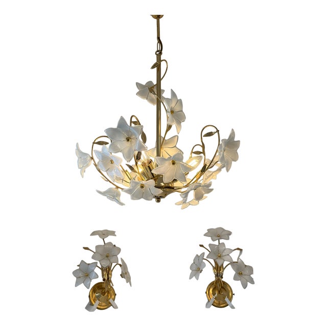 Florentine Chandelier and Wall Lamps in Murano Glass and Chrome by Paolo Venini, Italy, 1970s, Set of 3 For Sale