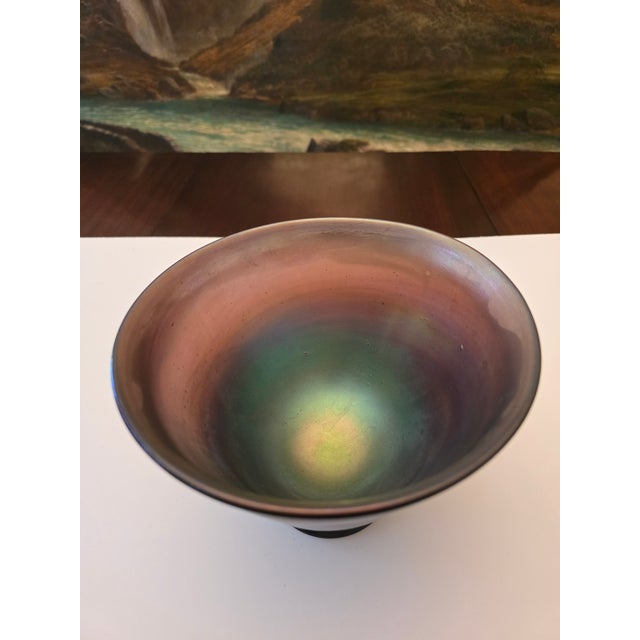 Vintage Tiffany Style Iridescent Magenta Bowl Signed For Sale - Image 10 of 11