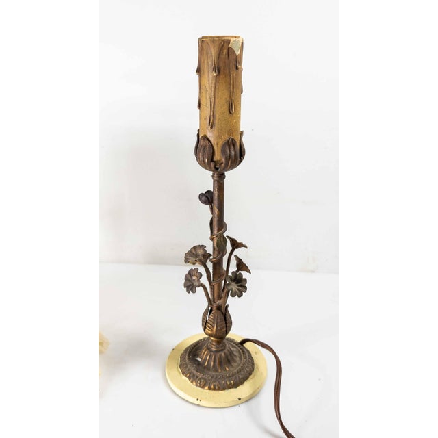 20th Century Italian Floral Tole Ware Style Metal Boudoir Table Lamp With Distressed Shade For Sale In New York - Image 6 of 12