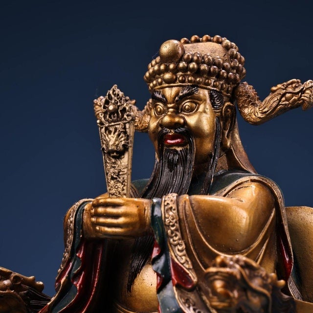 1980s Antique Chinese Gilt Bronze Dragon King Statue With Polychrome Paint For Sale - Image 5 of 10