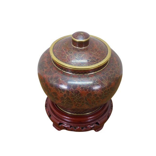 Chinese Vintage Chinese Cloisonne Enameled Oxblood Ginger Jar Mantel Urn For Sale - Image 3 of 14