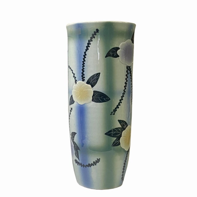 2010s Artistic Flower Blue Green Checker Cross Porcelain Tall Slim Round Vase For Sale - Image 5 of 6