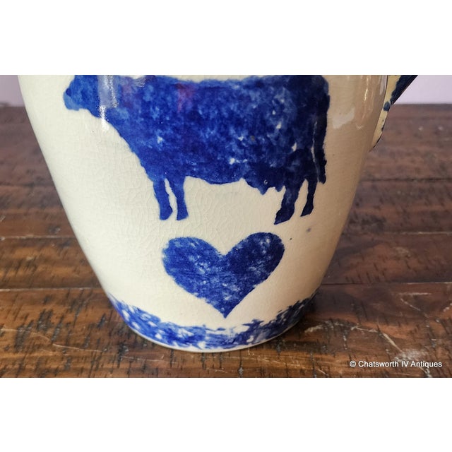 1980s Vintage Early 1980s Buttermilk Acres Stoneware Cow & Heart Spongeware Large Pitcher For Sale - Image 5 of 10
